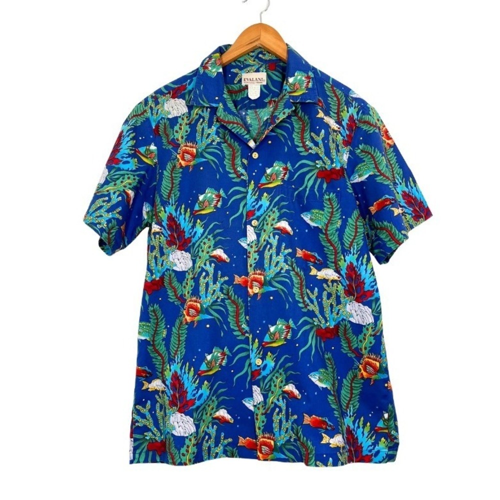 Vintage 80s–90s Evalani Honolulu‎ Hawaii Aloha Shirt Blue Tropical Fish Men's L